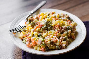 Olivier salad a festive table, new year