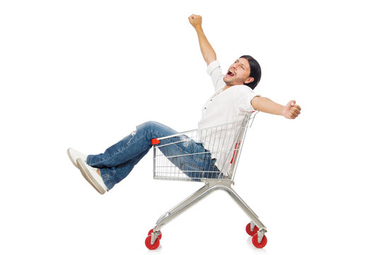 Man shopping with supermarket basket cart isolated on white