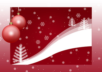 новогодний красный фон с шарами и елками