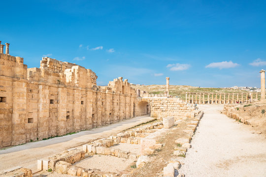 View of Hippodrome and Oval Forum in Jerash, Jordan