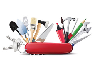 Swiss universal knife with tools. All in one. Creative illustrat