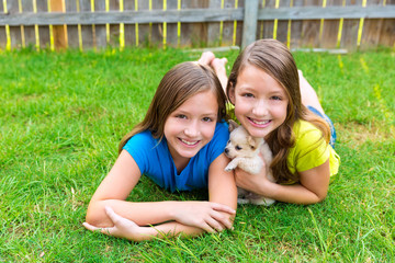 twin sister kid girls and puppy dog lying in lawn