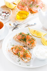 breakfast with bread, salted salmon and cream cheese, top view