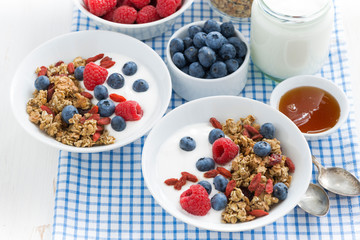 breakfast with granola, fresh berries, honey and yogurt