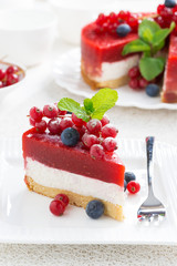piece of cheesecake with berry jelly, vertical