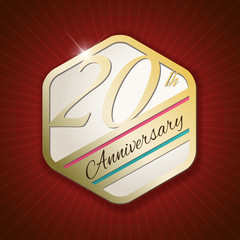 20th Anniversary - golden Seal, Badge on red rays background