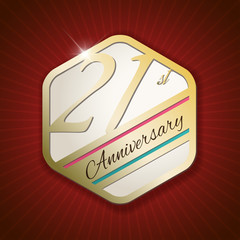 21st Anniversary - golden Seal, Badge on red rays background