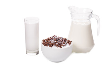 Bowl of corn flakes with milk.