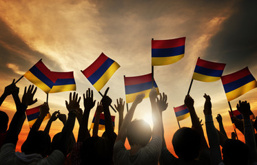 Group of People Waving Armenian Flags - obrazy, fototapety, plakaty