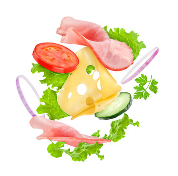 Delicious Sandwich Ingredients In The Air On An Isolated White B