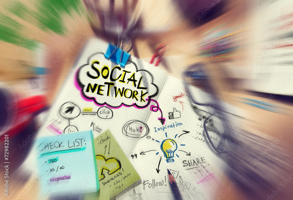 Aufkleber desk with social network and connection concepts
