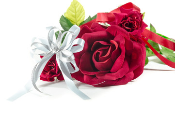 White ribbon with Bouquet of red roses on white