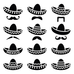 Mexican Sombrero hat with moustache or mustache icons - obrazy, fototapety, plakaty
