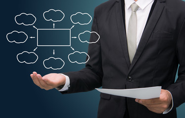 Businessman standing posture hand holding strategy flowchart iso