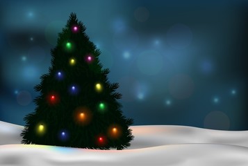 Christmas tree and decorations on winter background