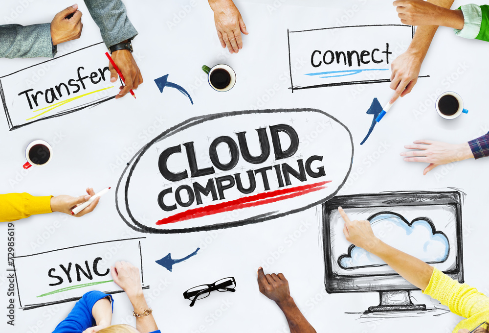 Poster multi-ethnic hands pointing cloud computing