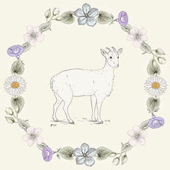 Floral frame and goat Vintage engraving style - 72985805