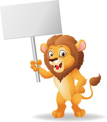 Fototapeta premium Cute cartoon lion holding blank sign