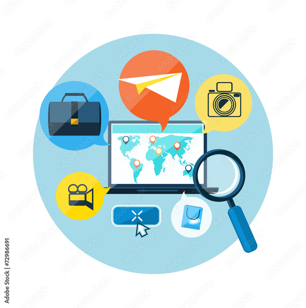 Poster laptop with map pointers on world