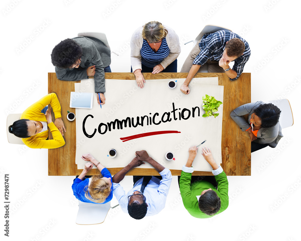 Poster aerial view of multiethnic group with communication concept