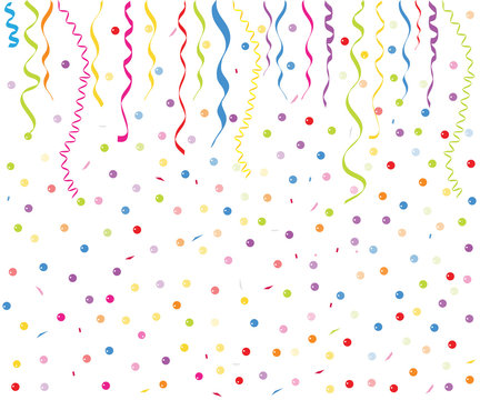 Colorful smal balloons, confetti and ribbon vector background
