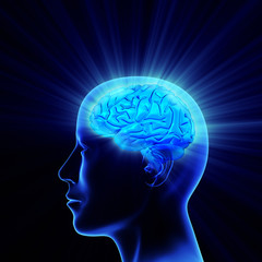 Man head with shining brain.
