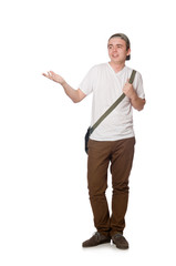 Man with backpack isolated on white