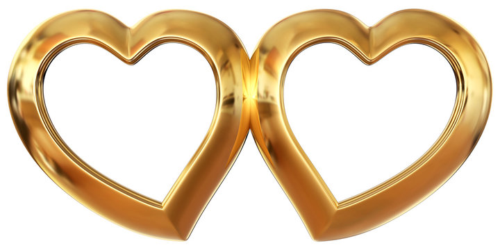 Golden photo frames in the form of hearts
