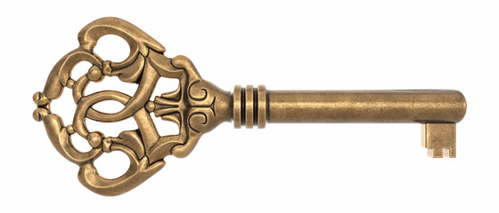 Vintage ornate brass key, isolated on white - 72993050
