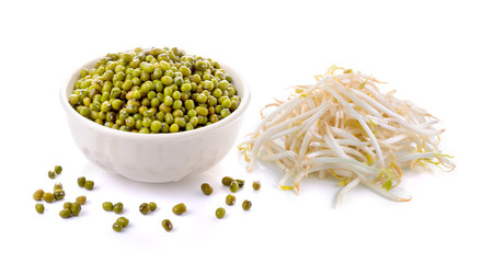 Bean Sprouts and mung beans on White Background