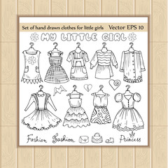 Vector set of hand drawn clothes for little girls