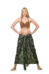 Woman in swimming suit and pareo isolated on white