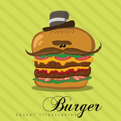 Appetizing mustache hamburger in cartoon style