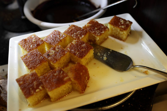 Pieces of honey soaked cake