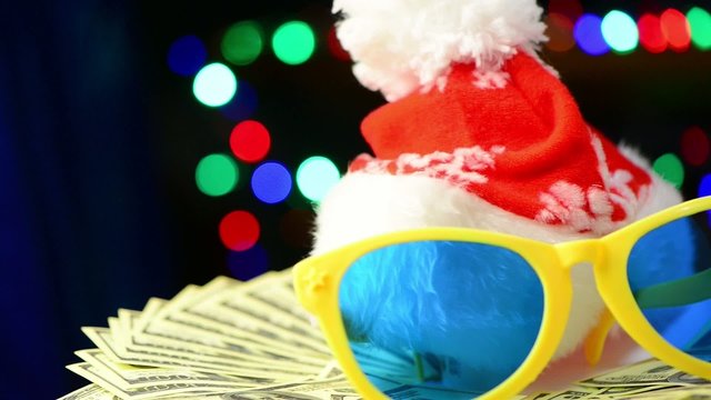 red Santa hat and funny glasses on dollars at christmas lights