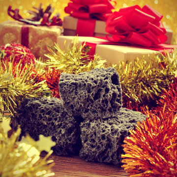 candy coal and christmas ornaments and gifts, with a retro effec