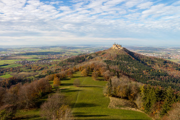 Scenic view on fairy tale castle Burg Hohenzollern in autumn