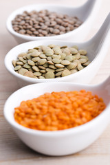 Three kinds of lentil in bowls - red lentil, green lentil and br