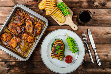 Sticky chicken with spicy sauce, toasted panini