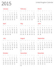 United Kingdom 2015 year calendar with week numbers. - obrazy, fototapety, plakaty