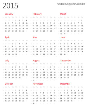 United Kingdom 2015 year calendar with week numbers.