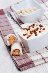 Vanilla pudding with chocolate decoration