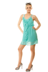 Summer fashion. Pretty fashionable girl in green dress