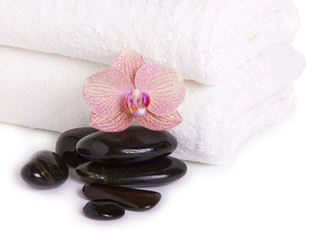 pink orchid and spa stones on white towel
