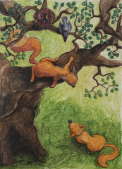 Fox who looks at a squirrel on a tree - obrazy, fototapety, plakaty
