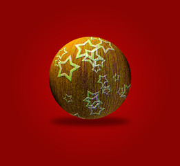 Sfondo rosso con palla di Natale gialla con stelle