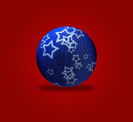 Sfondo rosso con palla di Natale blu con stelle
