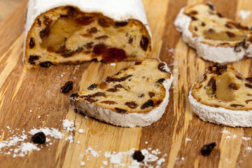 Stollen with dried fruits and nuts. Selective focus.