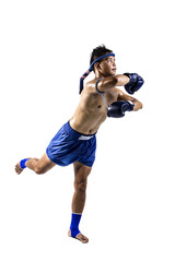 Thai boxer with thai boxing action, isolated on white background