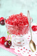 Closeup of cherry granita in glass bowl,